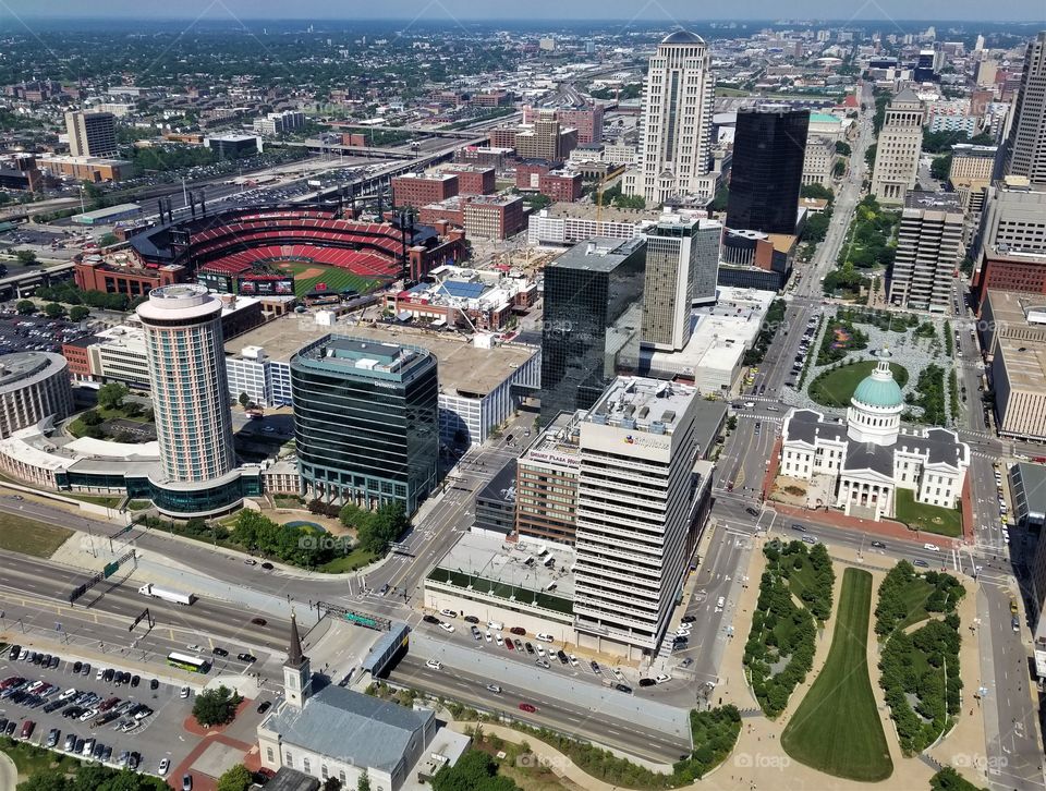 Downtown St. Louis as seen from the viewing window at the top of the Gateway Arch prior to the coronavirus pandemic