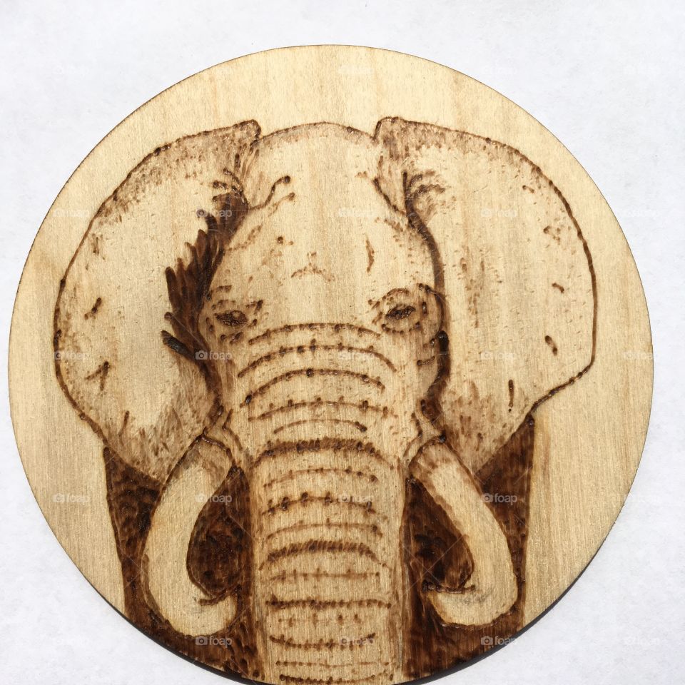 Elephant design which was hand drawn and burned by myself using the art of pyrography.