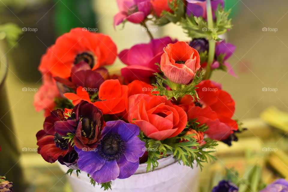 Bucket full of poppies for sale.