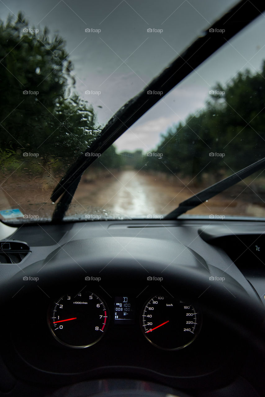 in the car in a rainy day