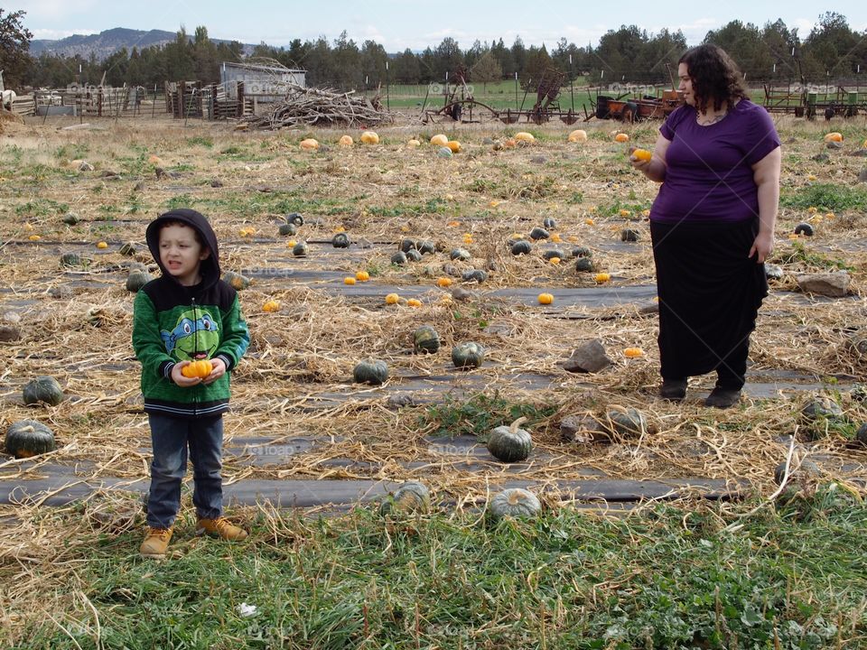 A young boy and his mother search for just the right pumpkin at a Pumpkin Patch in Central Oregon. 