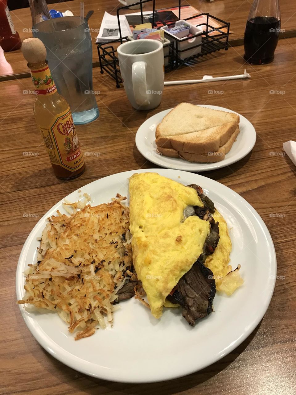 An omelette and hash brown supper at Denny’s.