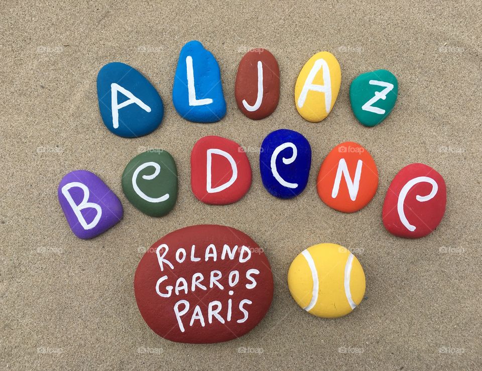 Aljaz Bedene, english professional tennis player at Roland Garros, souvenir on colored stones 
