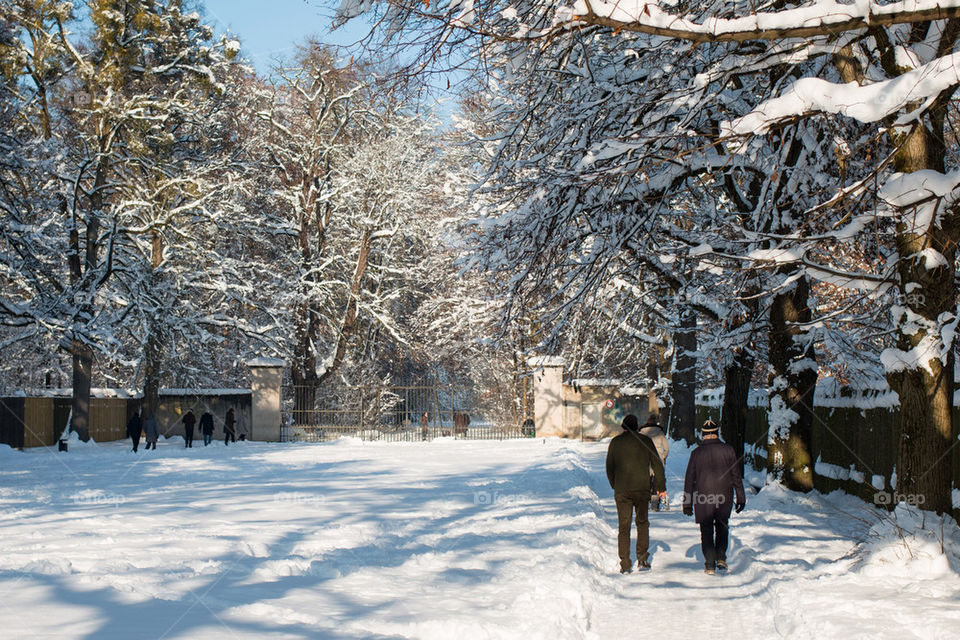 People walking on frozen landscape