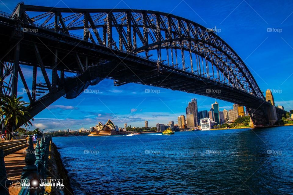 Sydney Opera House from across the harbor under the Sydney Harbor Bridge. Beautiful sunny day.