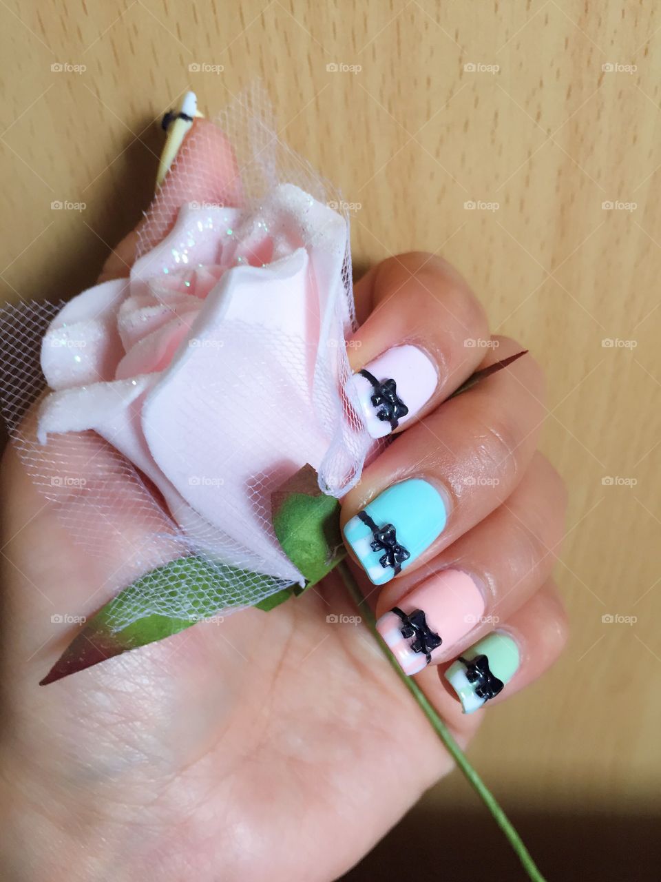 Ribbon nail art with rose