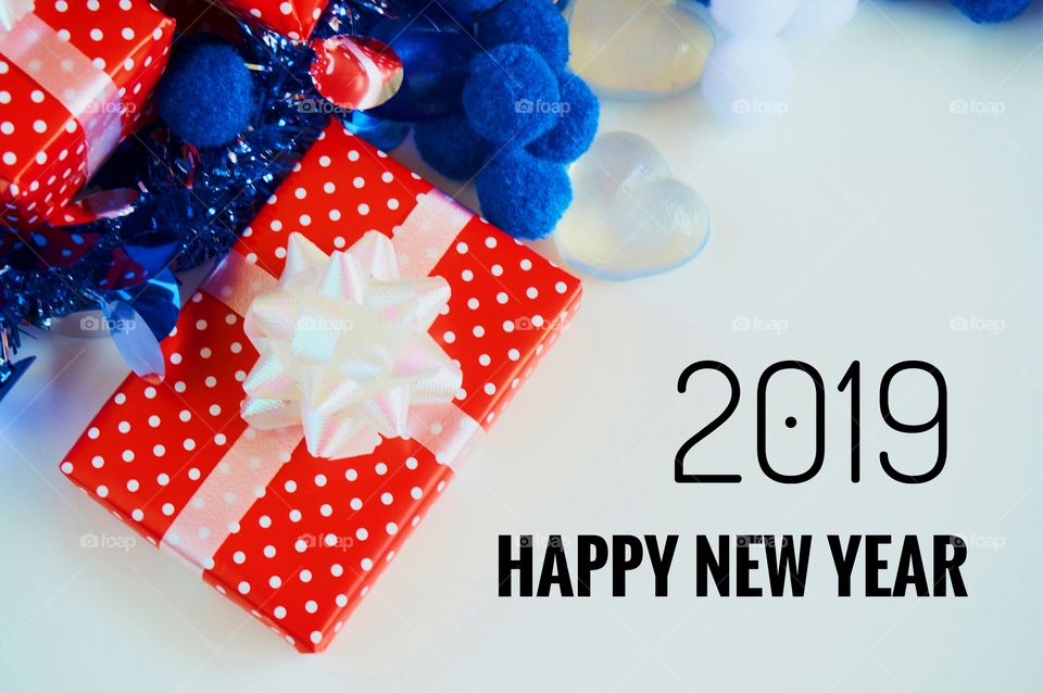 Happy new year 2019 with gift box on blurred background 