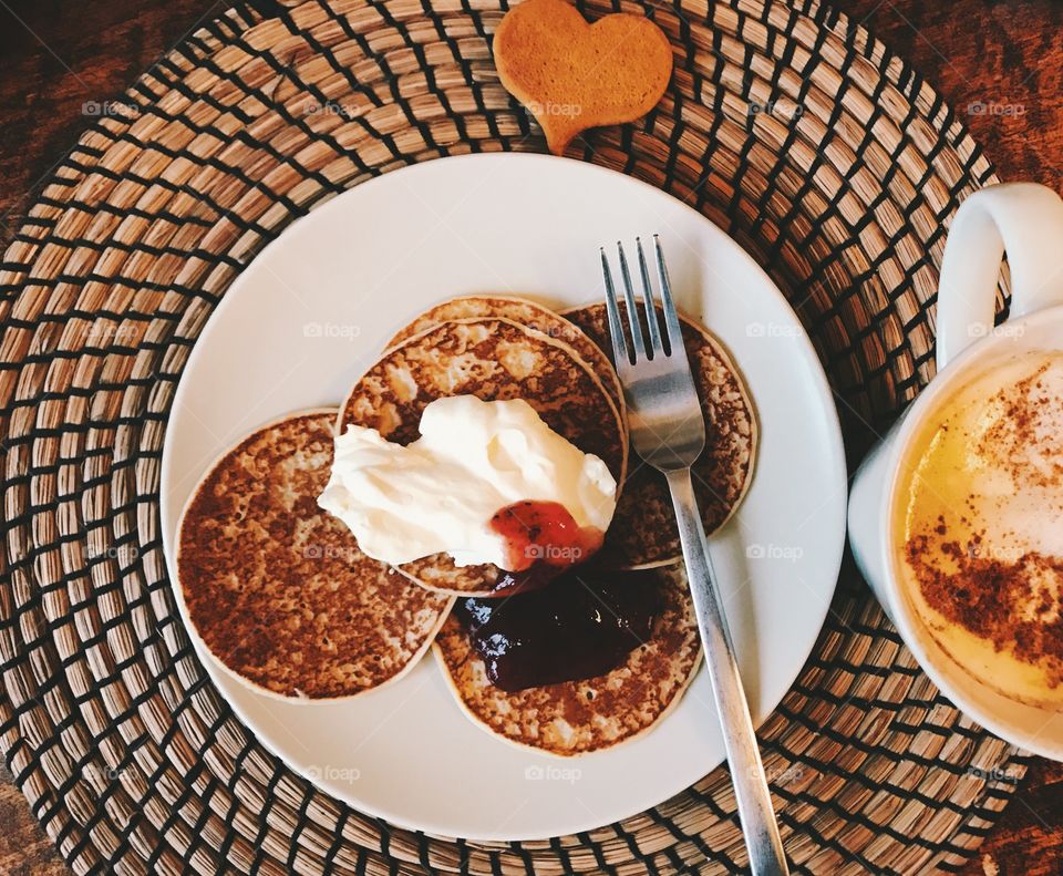 High angle view of pancakes in plate