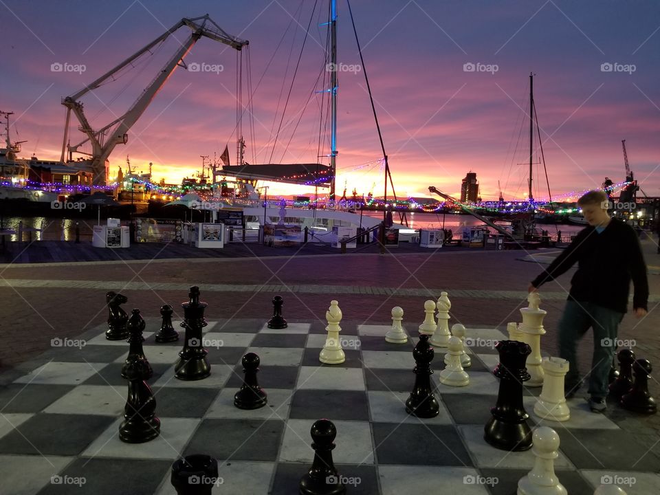 Sunrise over a lifesize chessboard