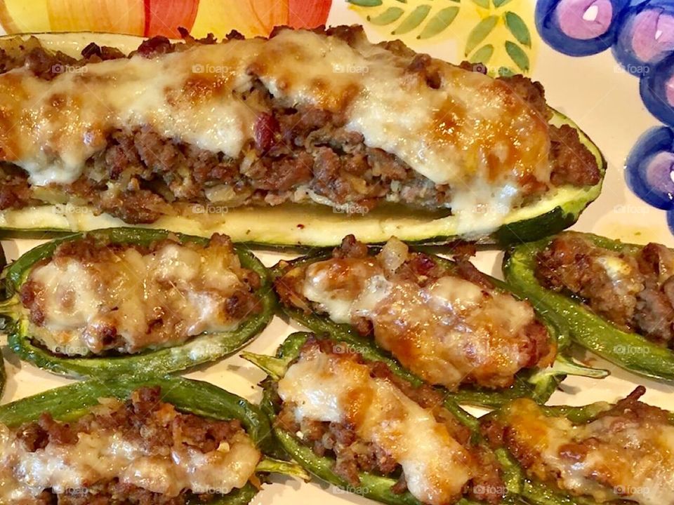 Stuffed zucchini. Stuffed jalapeños. Beef. Ground beef. Cheese. Dish. Cooking. Spicy. Devious. 