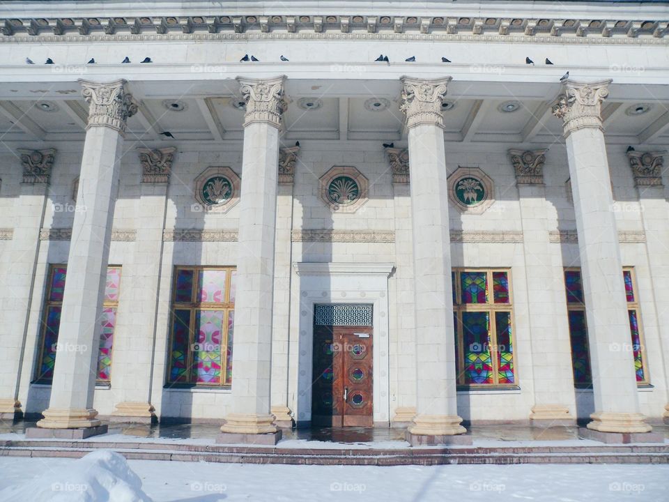 columned architecture of the building at the exhibition, Kiev