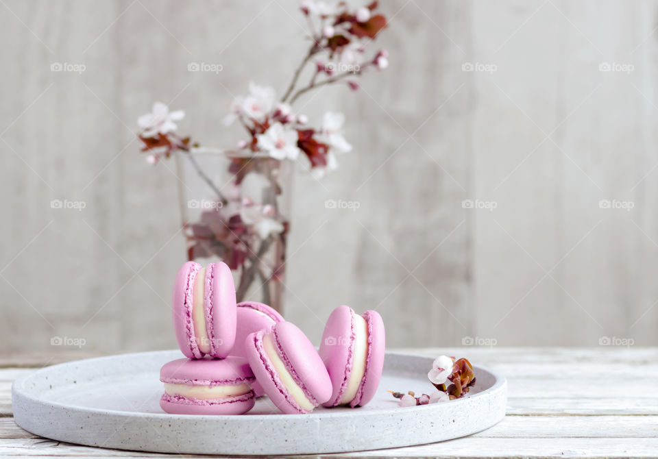 Still life made by pink macarons with cream on gray plate and some flowered branches in background. Copy space.