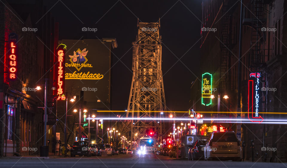The famous Aerial Lift  Bridge lights up the night in Canal Park. Duluth, Minnesota.