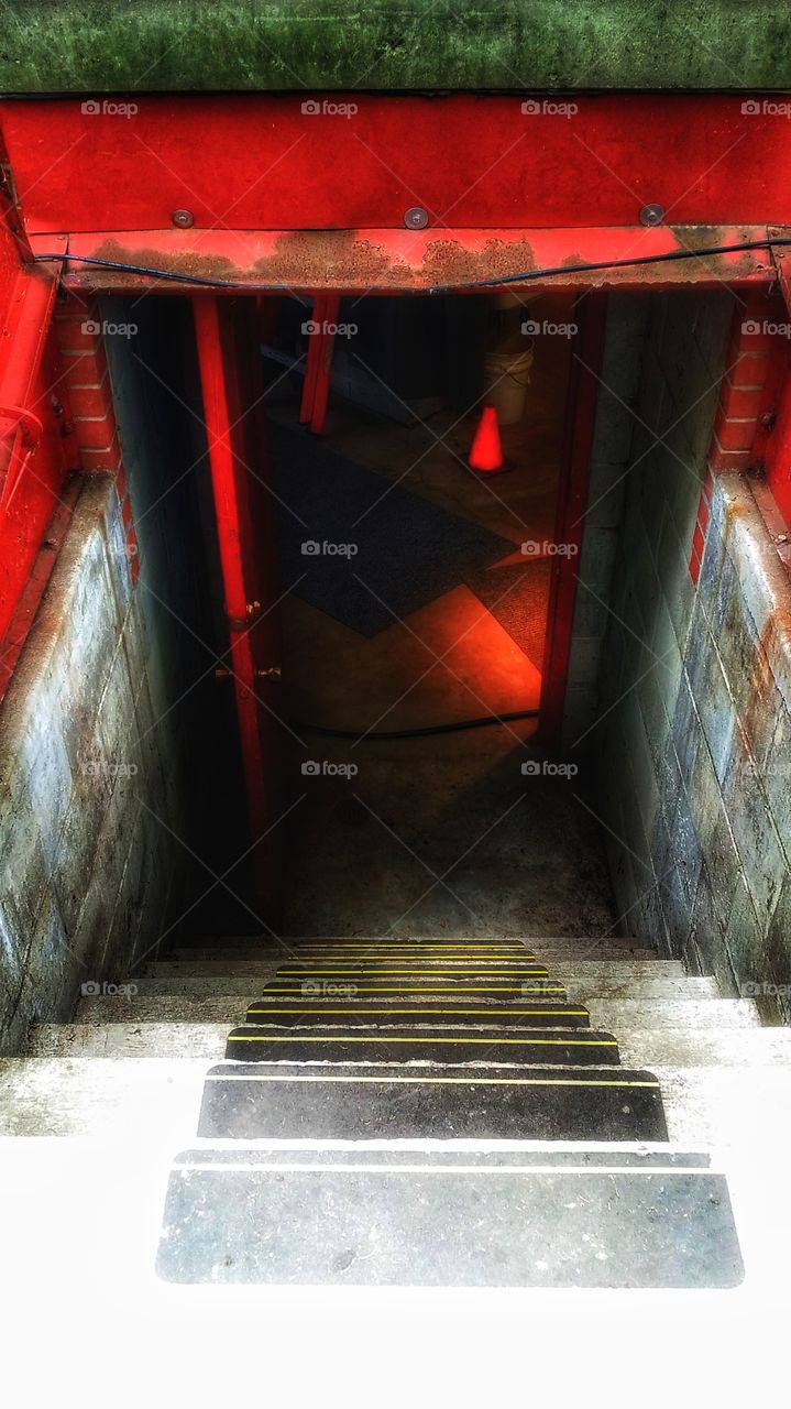 stairway bright red Shadows intriguing frightening scary questionable