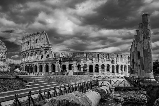 Black and white landscape view with Colosseum from Rome