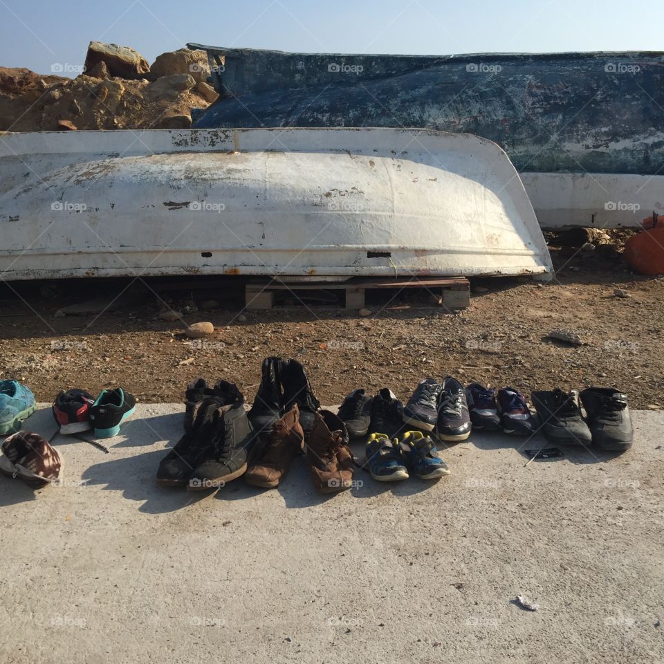 Shoes left by refugees in Greece