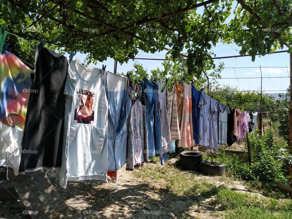 Drying clothes in the garden