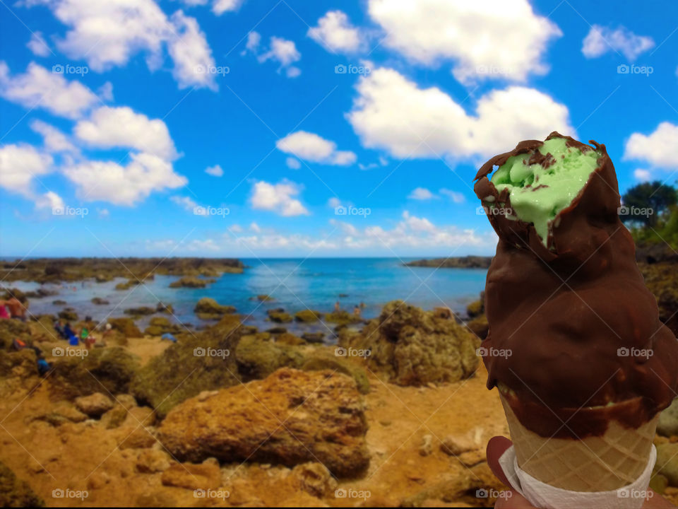 Ice cream in Hawaii scenic. Eating ice cream in sharks cove Hawaii 