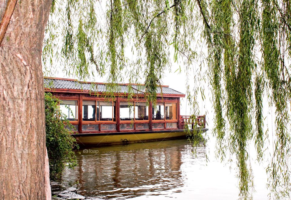 Boat in a scenic lake 