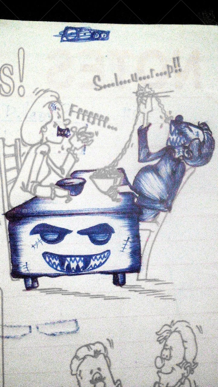 Monstrous man sitting at monstrous table laughing monstrously