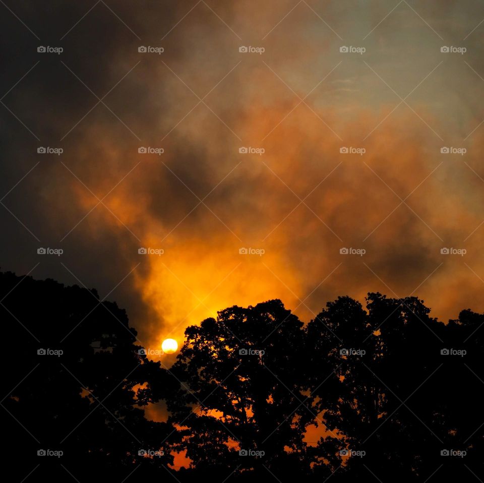 Sun is rising behind low thick clouds, giving the appearance of a forest fire. 