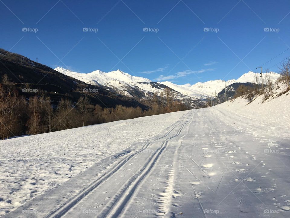 Snow tracks under sun
