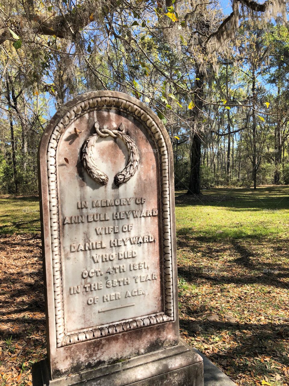 Tombstone in the church yard at Old Sheldon Church Ruins Yemassee South Carolina. Historical Landmark. 