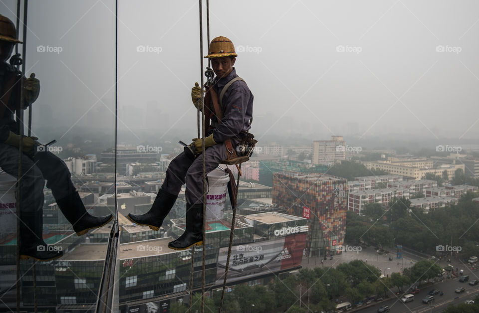 China, Beijing, window cleaner, dangorus job or work