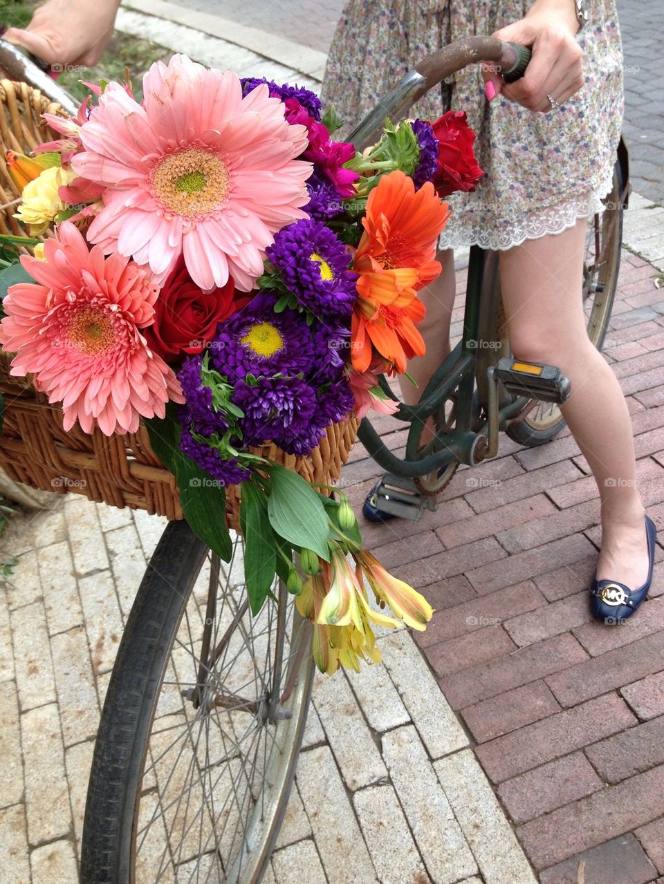 Girl on vintage schwinns bicycle and basket of flowers