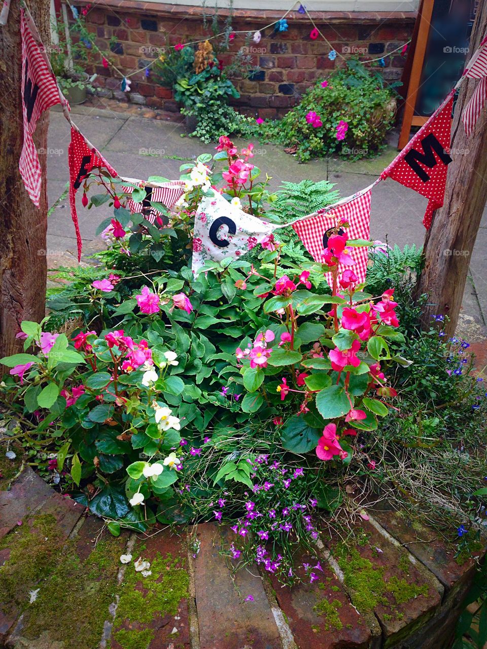 Urban garden with flower pot and weathered square bunting 