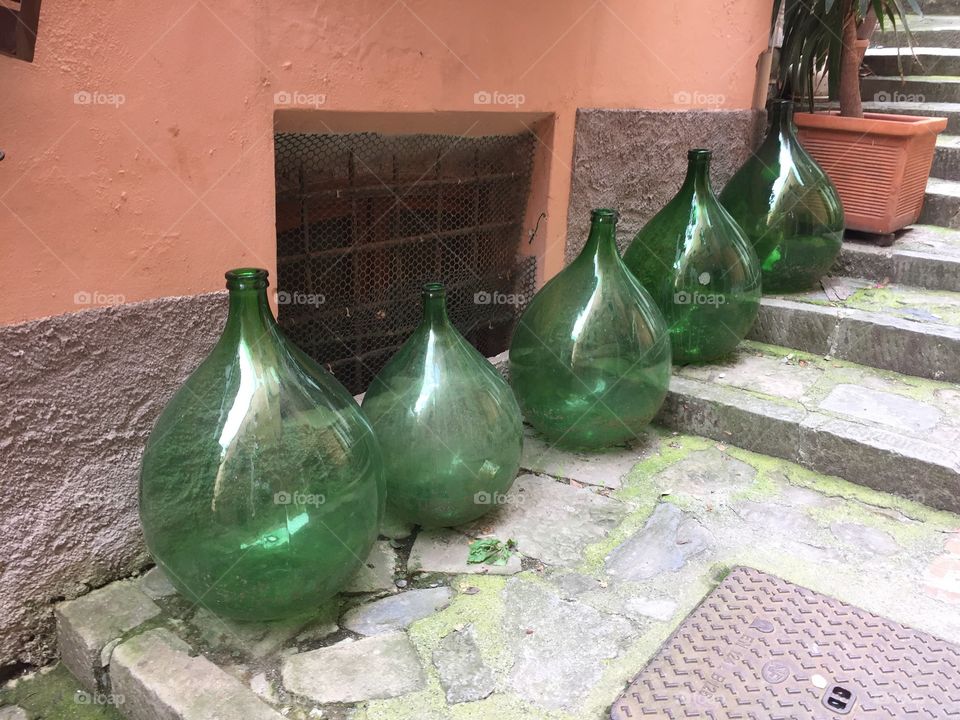 Green glass wine bottles, Cinque Terre 