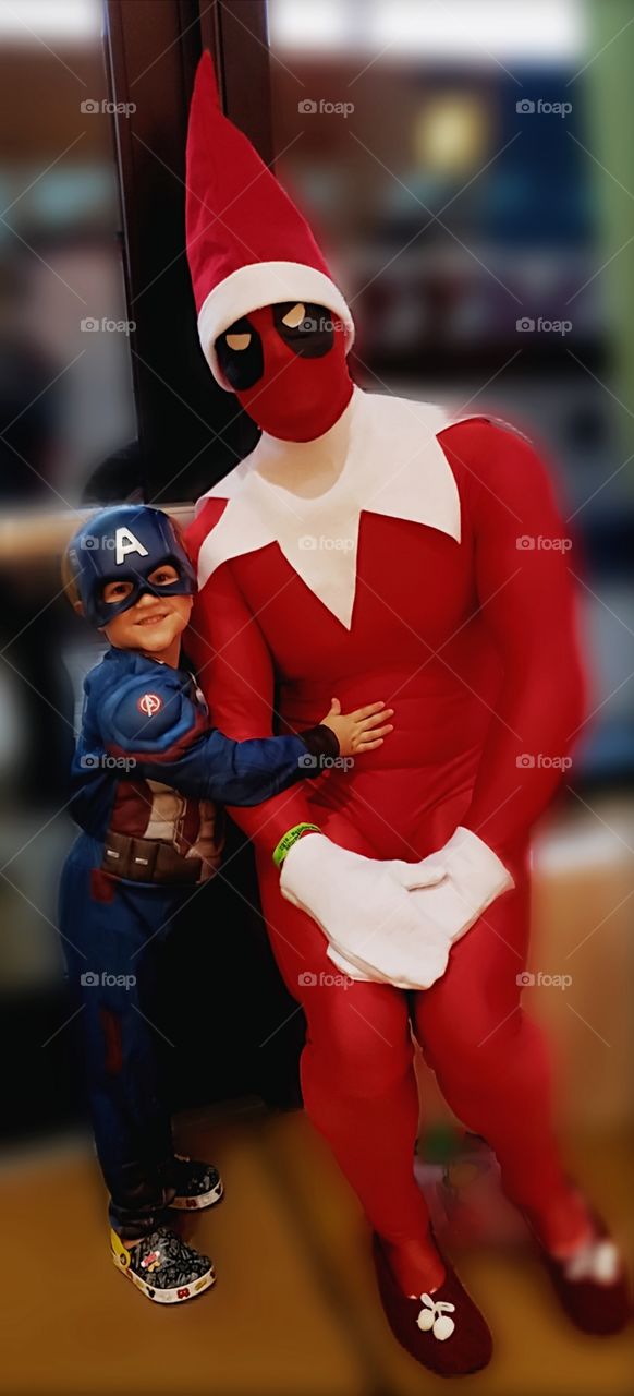 Deadpool is the best Elf on a Shelf for Lil Cap'! Cosplayers from Holiday Matsuri, Orlando.