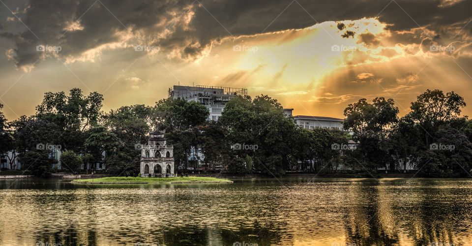 Turtle tower, Hanoi lake, at sunset