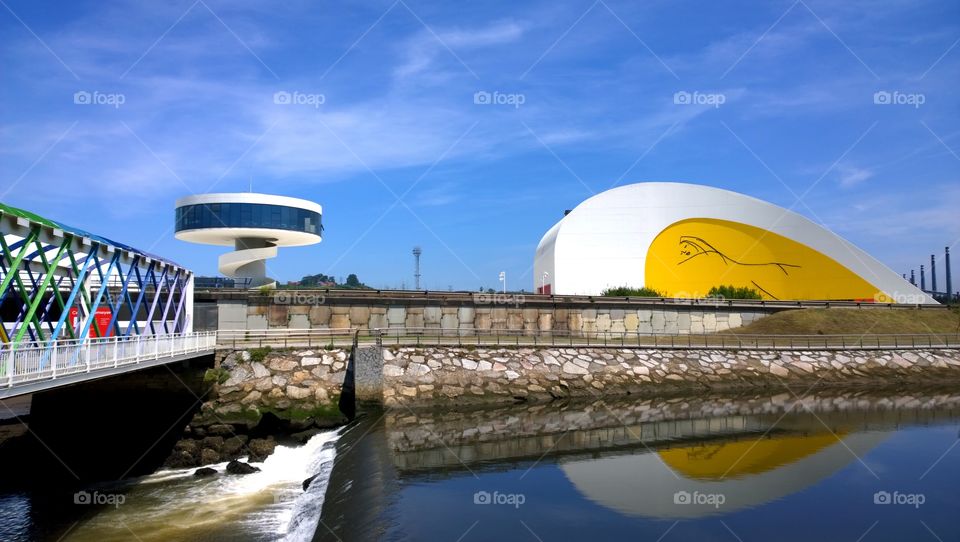 Niemeyer Center in Aviles. View of the colorful bridge to the Niemeyer Center building in Aviles, Asturias, Spain