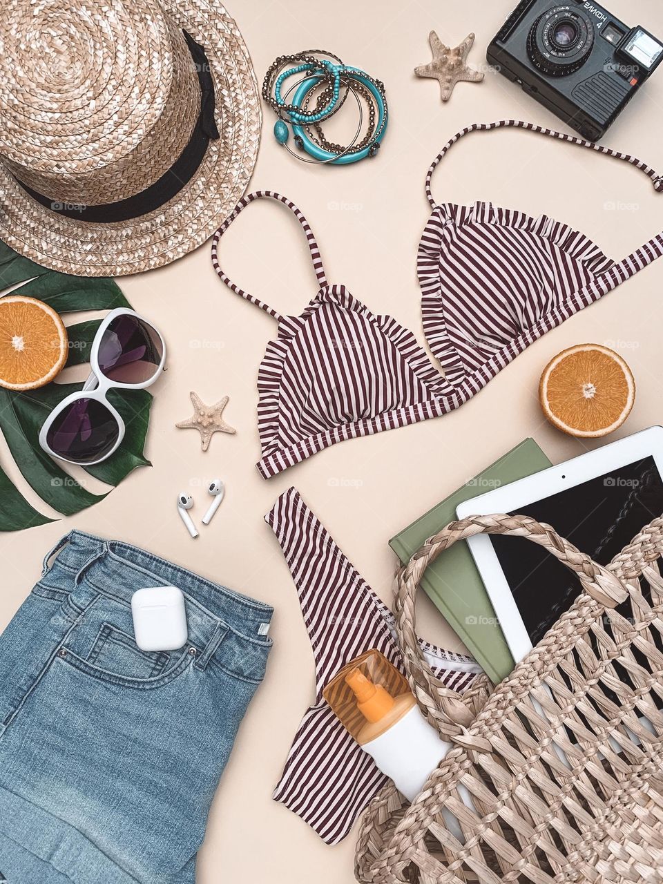 Summer flat lay photography. Summer outfit