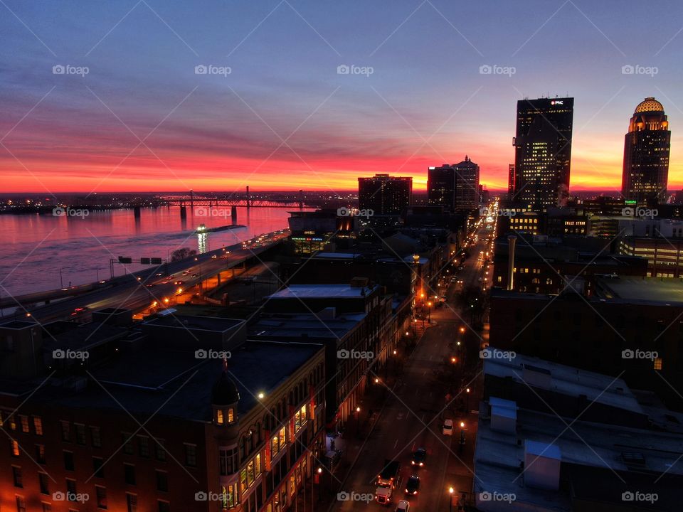 Sunrise over Downtown Louisville on a Tuesday morning. On Main Street 