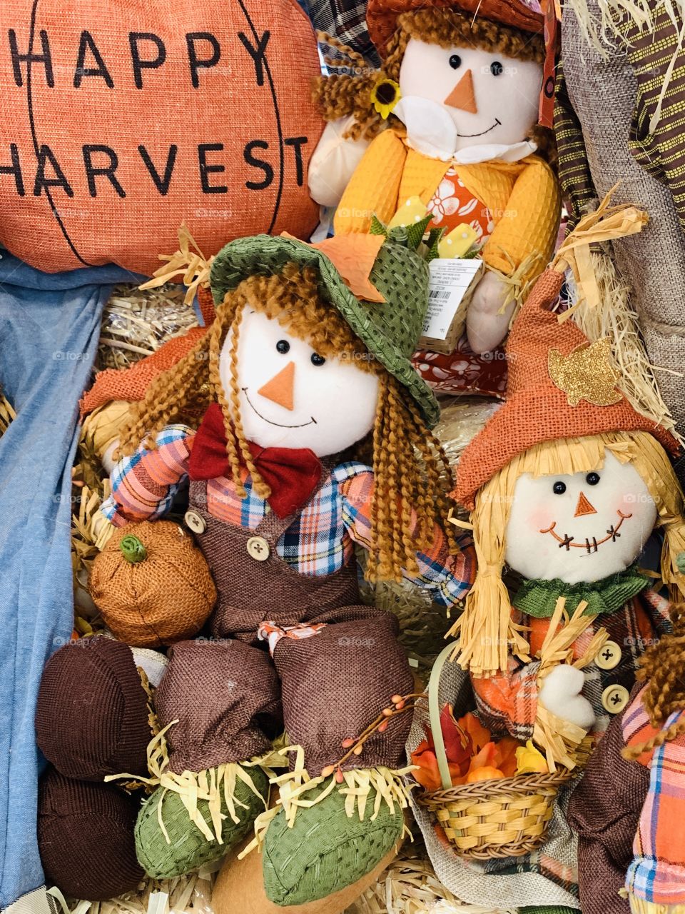 Three cute scarecrow dolls in autumn harvest display with “happy harvest” lettered greeting on a pumpkin