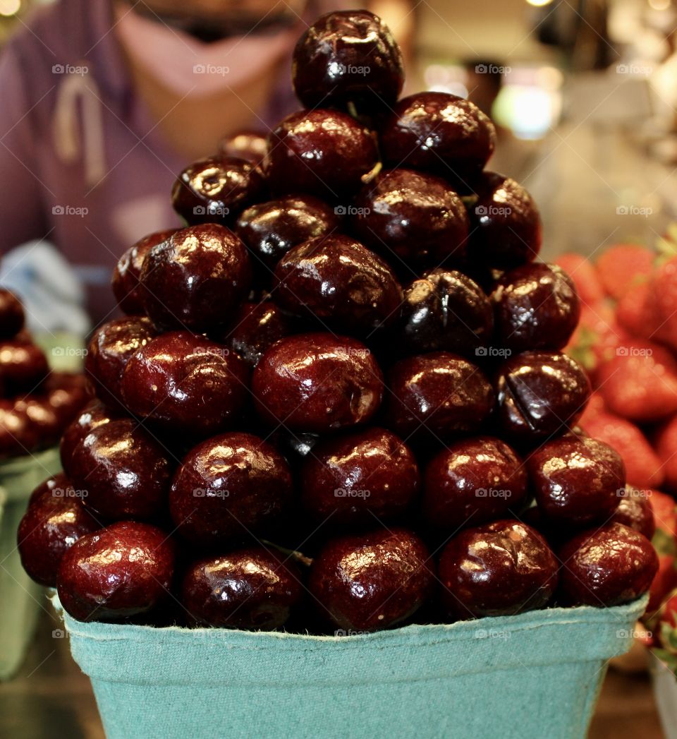 Fresh cherries at a market.