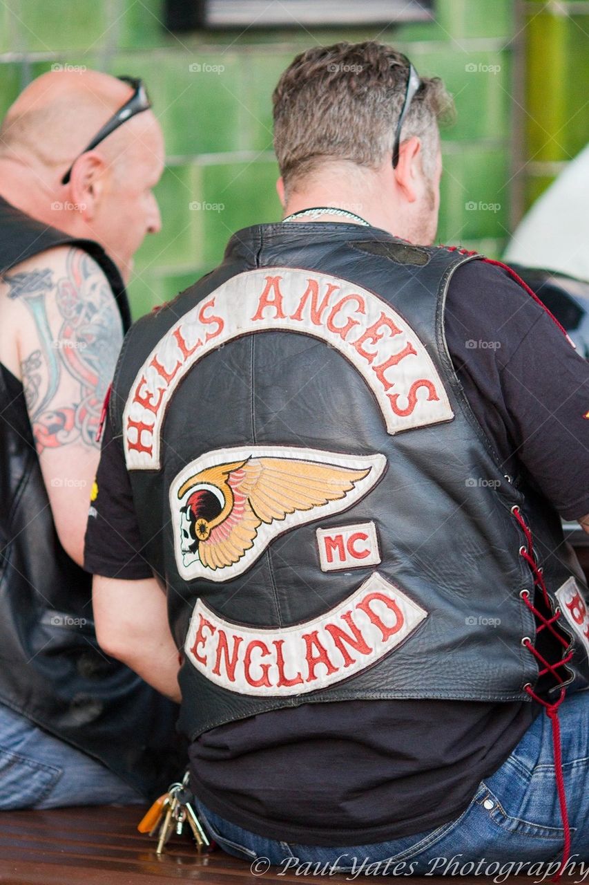 Hells Angels, England, biker, jacket, friends, group, following, charity