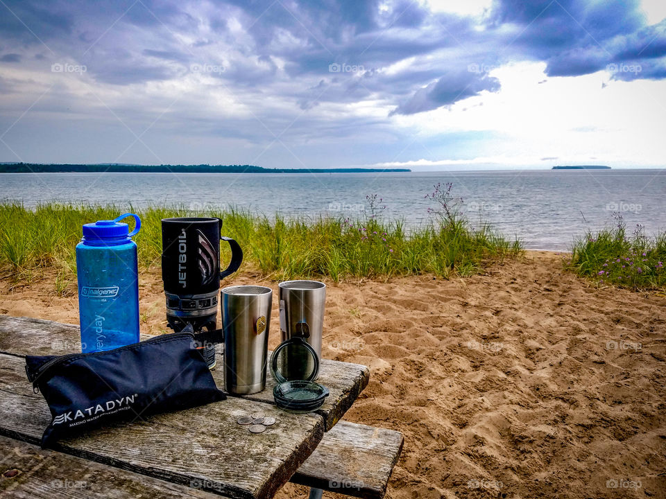 Camp site on the beach, stormy sky