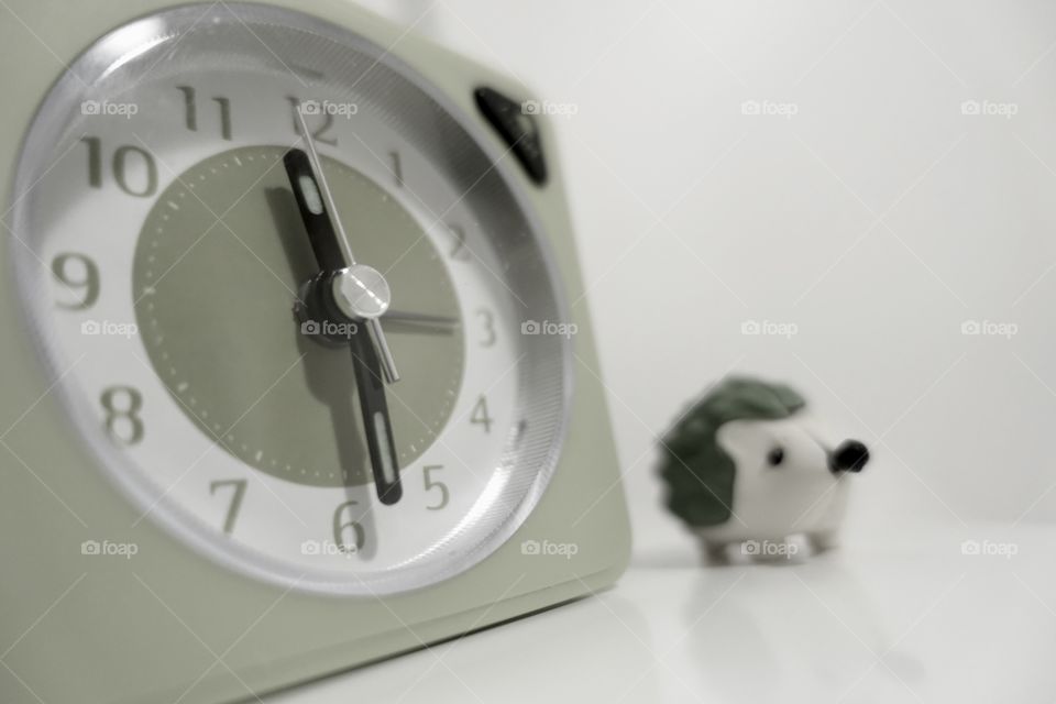 Alarm clock and blurred hedgehog.