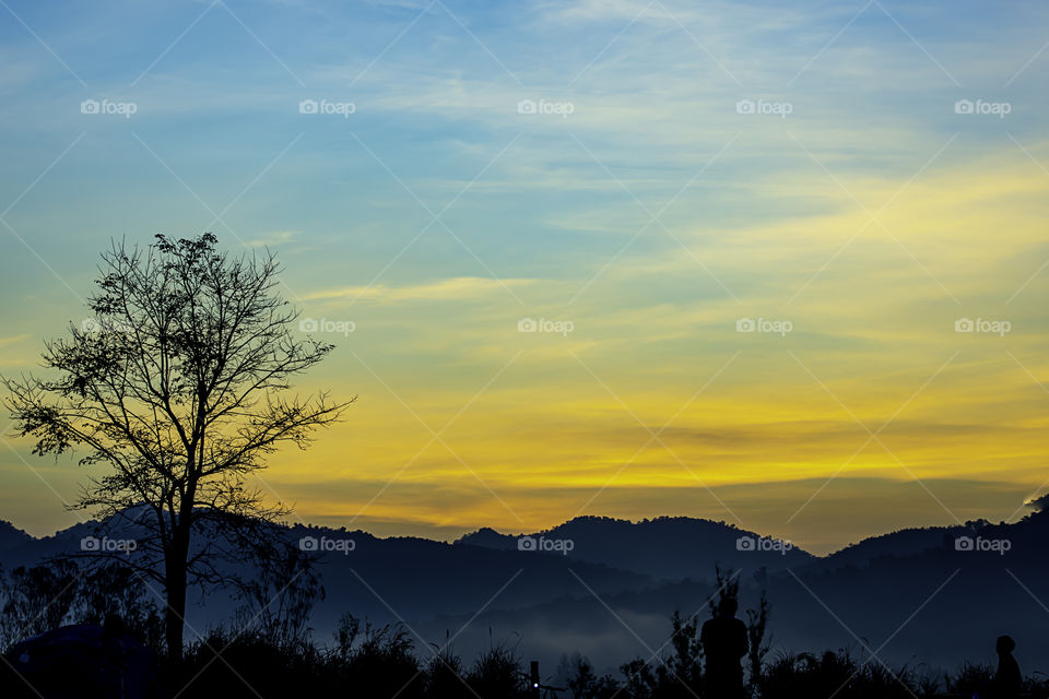 The morning sun light behind the mountains with the shadow of the tourists and the tree.