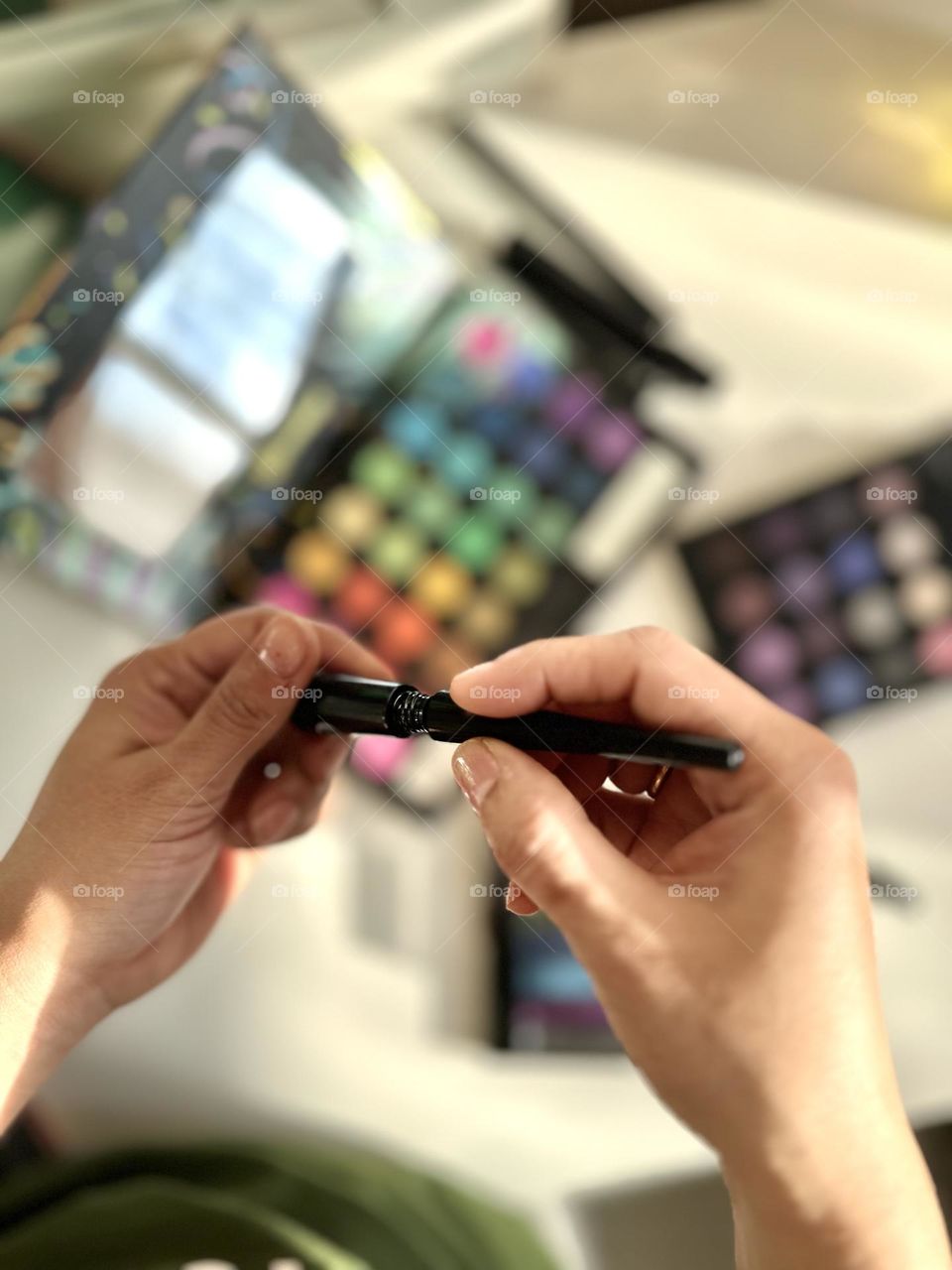 Eyeshadow makeup, ready for eyeliner.