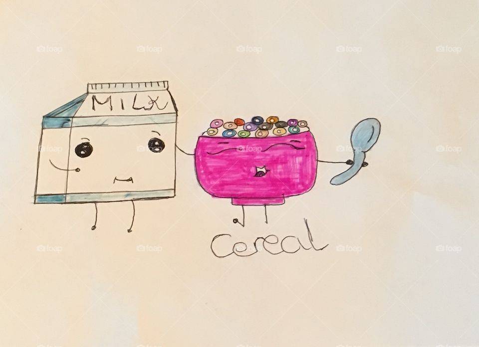 This is a drawing of a cereal and milk and they look so cute