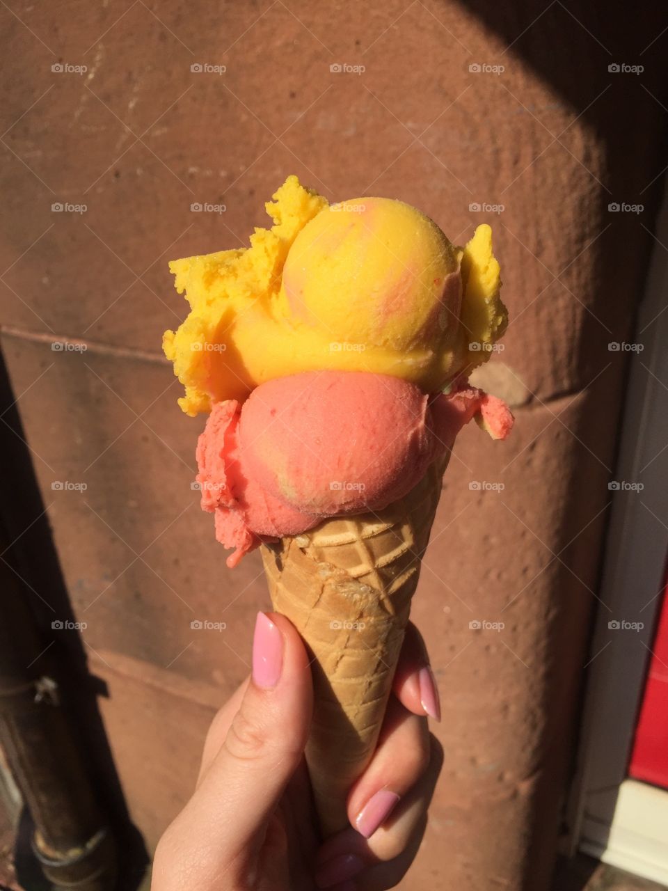 Tasty two scoop . Mango and strawberry ice cream makes a great treat on those hot summer days when your feeling like a refreshing dessert 