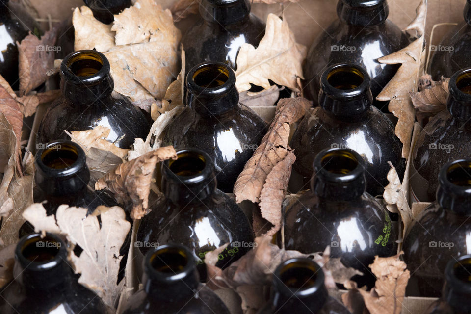 Old empty dark glass bottles under old dried leaves 