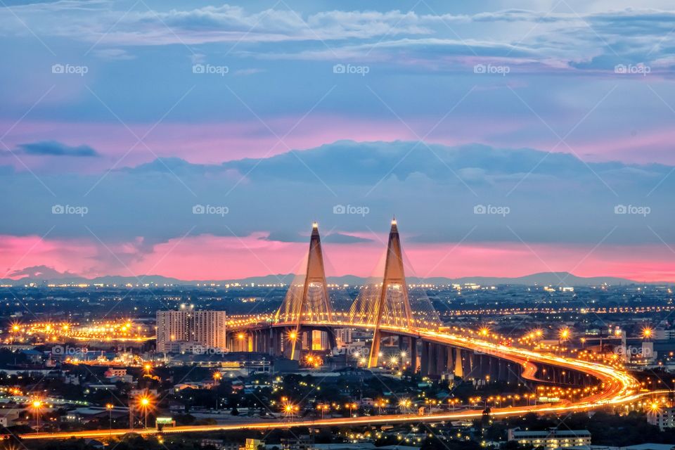 Beautiful light on the Bhumibol bridge in Bangkok Thailand