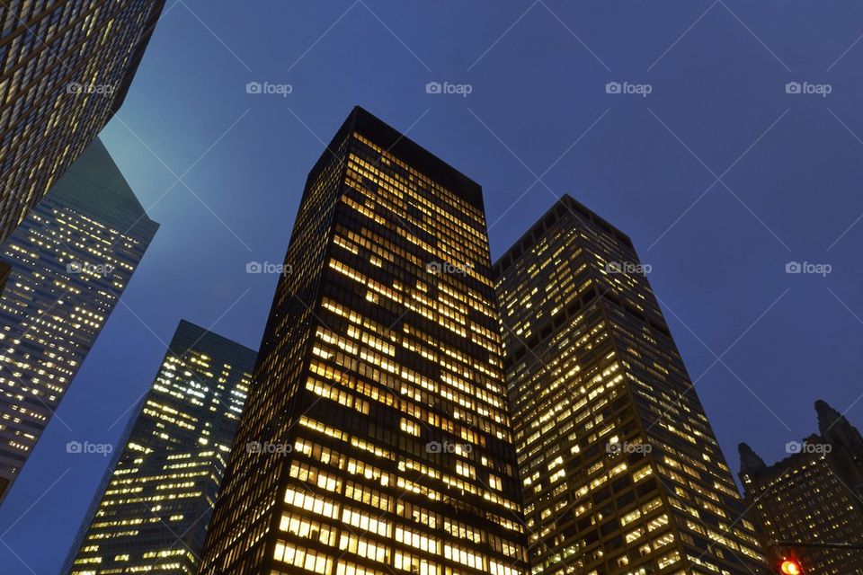 Modern office buildings in New York at night