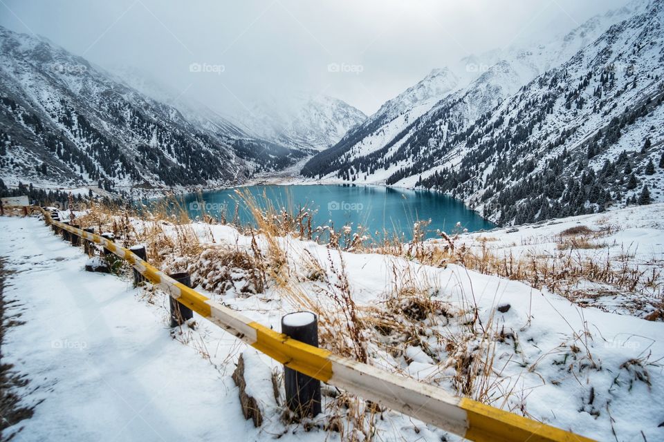 Snowing day at Big Almaty Lake in Kazakhstan