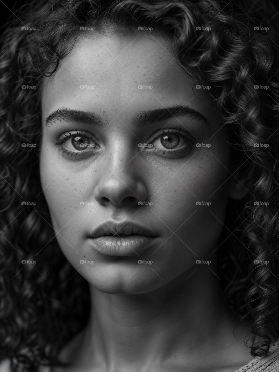 a black and white photo of a woman with curly hair